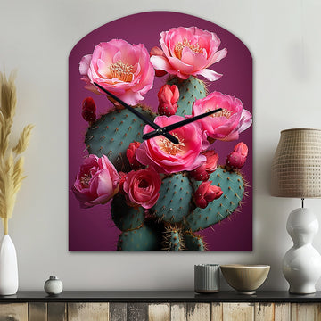 Pink Green Cactus Desert Bloom Prickly I - Asymmetric Metal Wall Clock